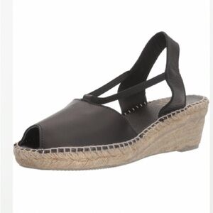 ANDRE ASSOUS Black Leather Sling Back Peep Toe Wedge Espadrilles Sandals 10